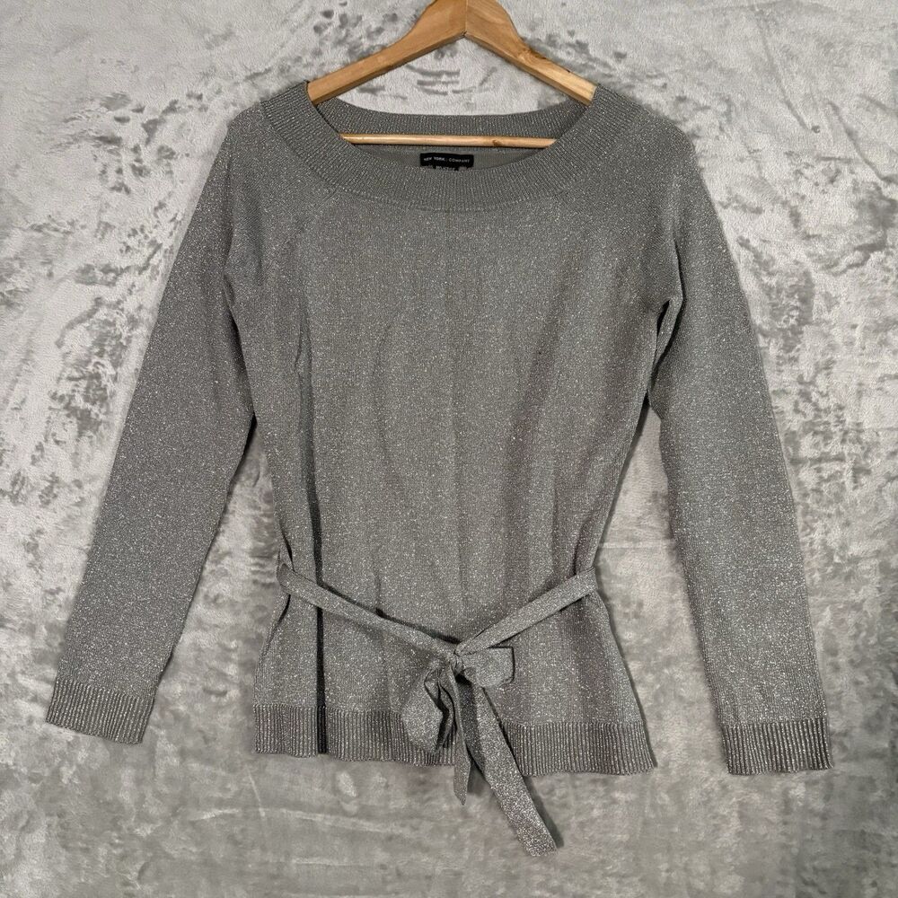 New York & Company Metallic Knit Sweater S Silver Sparkle Scoop Neck Tie Waist